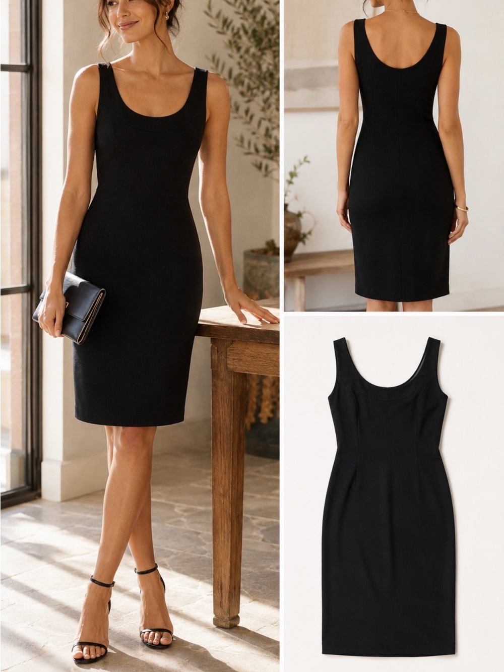 Eileen Fisher Black Ponte Knit Sheath Dress Silk Blend Lined Knee Length XS💛